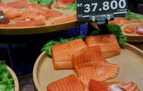 Salmon products are displayed for sale at a grocery store as plant-based seafood alternatives enter the US market